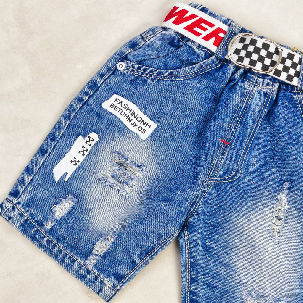 SHORT JEANS BLEU SIMPLE AVEC CEINTURE MOTIF POWER-001